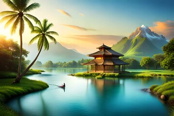 Fototapeta premium a lost island, surrounded with beautiful ancient arora, coconut trees, tress, there's a river,bluish clear water, heavenly beauty