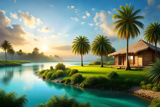 a lost island, surrounded with beautiful ancient arora, coconut trees,  tress, there's a river,bluish clear water, heavenly beauty