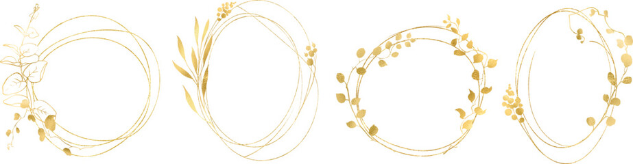 Linear vector gold monograms and floral border, Design for invitations. Gold frame. Botanical line art silhouette golden leaves. Vector Gold floral. Place for your text. Floral frame set