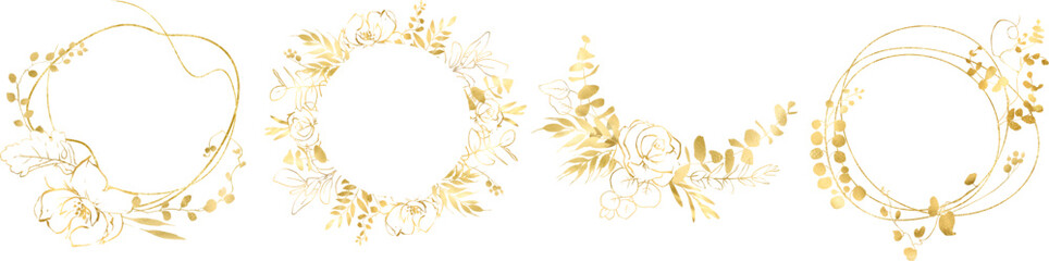 Fototapeta na wymiar Linear vector gold monograms and floral border, Design for invitations. Gold frame. Botanical line art silhouette golden leaves. Vector Gold floral. Place for your text. Floral frame set