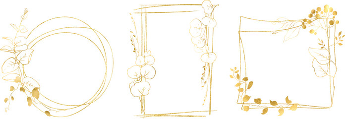 Linear vector gold monograms and floral border, Design for invitations. Gold frame. Botanical line art silhouette golden leaves. Vector Gold floral. Place for your text. Floral frame set