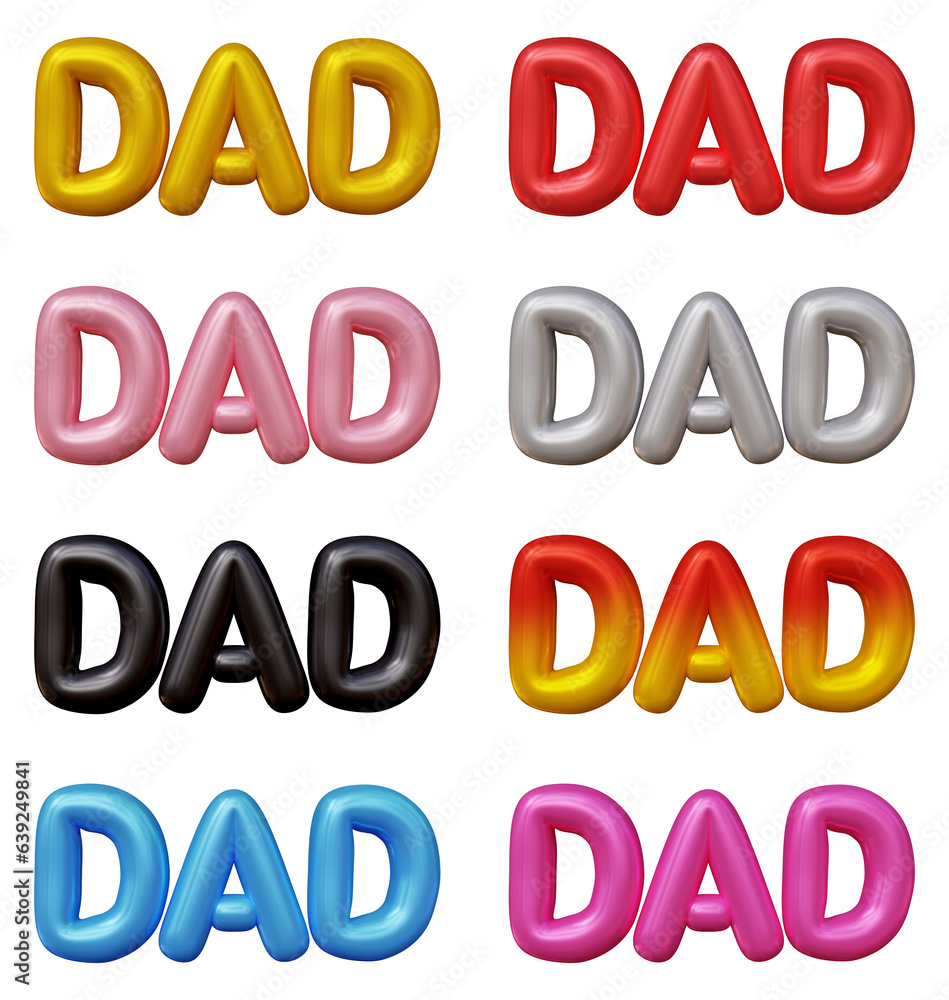 Poster set of dad text isolated on transparent background in 3d rendering for fathers day concept.