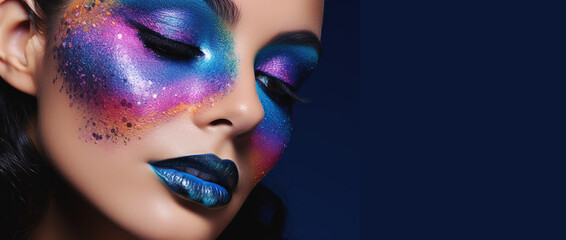 Obraz premium Model with unique colorful makeup inspired by the cosmic palette, focusing on the eyes. Background of deep blue. Banner. Generative Ai content.