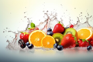 fresh fruits with splash on light pink yellow background, ai generated