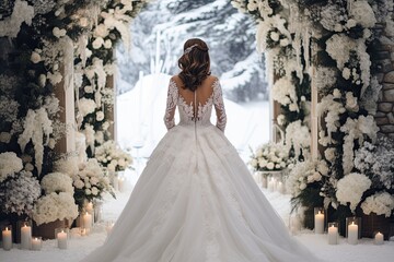 elegant bride before wedding arch in winter day.  - obrazy, fototapety, plakaty