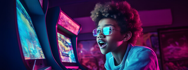 Focused  boy plays retro arcade game - obrazy, fototapety, plakaty