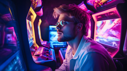 Focused man playing retro arcade game