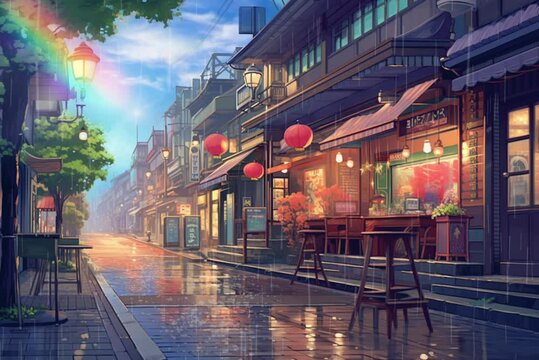rain in traditional japanese city in anime illustration style, 4K animated background