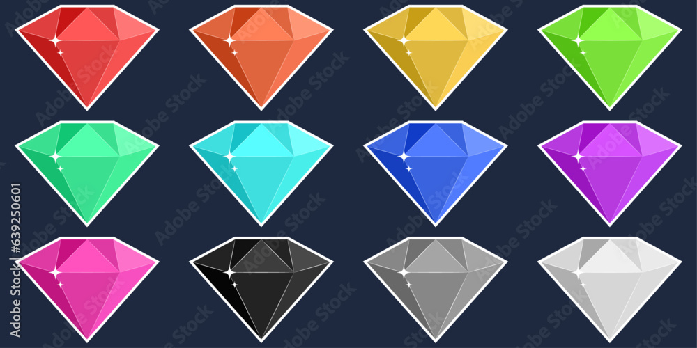 Poster Set of cartoon colorful diamonds for game or web design. A set of six simple gems.