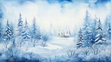 watercolor blue landscape of foggy forest and house