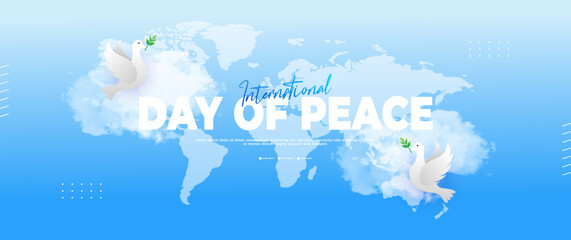 international day of peace blue banner, with dove, leaf and cloud elements