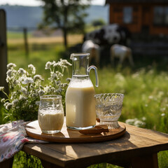 Desk space with milk decoration and spring landscape with cows