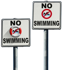 No swimming sign with pole isolated on white or transparent background. Photography. Png.