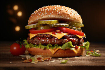 Close-up of Delicious hamburger on wooden table isolated on black dark background