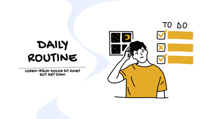 Vector of a thoughtful man reviews his daily routine, things to do list