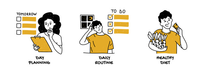 vector set of how to improve productivity, maintain healthy daily habits