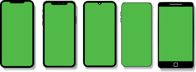 Smartphone Mockups Vector Illustration features  five different models of smartphones, You can easily customize the size, color, and shape of these green smartphone mockup devices to suit your needs