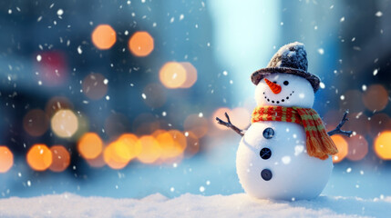 Naklejka na ściany i meble happy snowman in winter on holiday christmas background