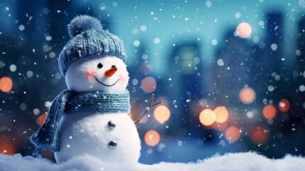 happy snowman in winter on holiday christmas background