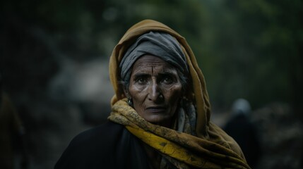 Portrait of a Fictional Indian Himalayan Village Woman in a Forest. Generative AI.