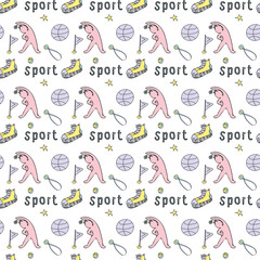 Pattern of sport elements made in doodle style with lettering. Set  Doodle lettering sport for banner design. Cute cartoon character.