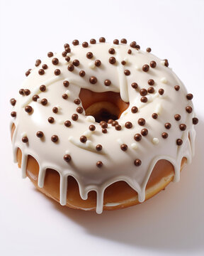 Generated photorealistic image of a donut with vanilla icing and chocolate balls