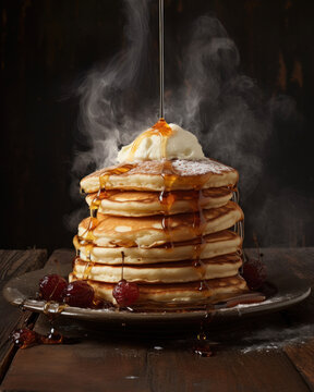 Photorealistic generated image of hot fluffy pancakes with sour cream and maple syrup