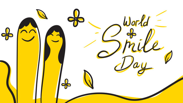 world smile day greeting card with men and girl flat illustration in yellow and black color