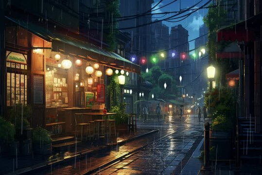 rain in traditional japanese city in anime illustration style, 4K animated background