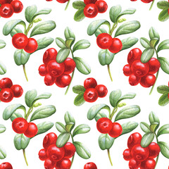 Watercolor seamless pattern with cowberries. Perfect for greeting cards, textile, wallpaper, wrapping paper, menu, scrapbooking