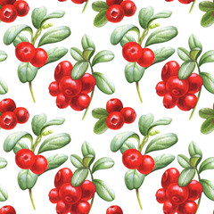 Watercolor seamless pattern with cowberries. Perfect for greeting cards, textile, wallpaper, wrapping paper, menu, scrapbooking