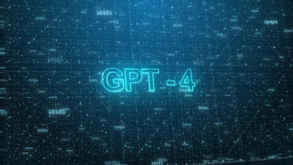 GPT - 4 Text on Futuristic Cyberspace Background. 3D Grid and Binary Numbers.