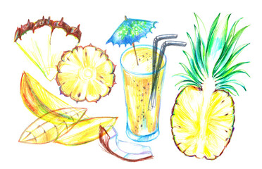 Hand drawn summer smoothie recipe illustration, glass and ingredients poster
