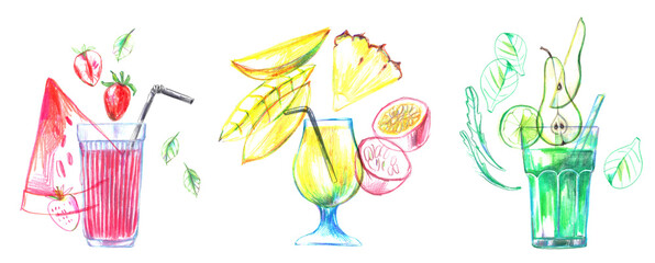 Hand drawn summer smoothie recipe illustration, glass and ingredients poster