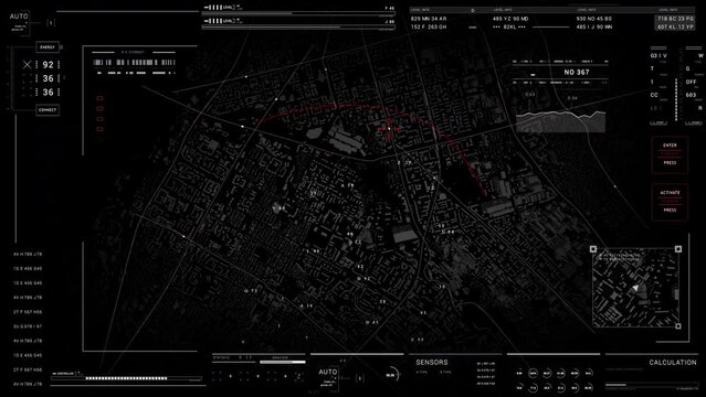 HUD 2GFX Technology Sci Fi User Interface data display. City Satelite video monitoring spy detecting area.Control panel HUD technological infographic elements.UI