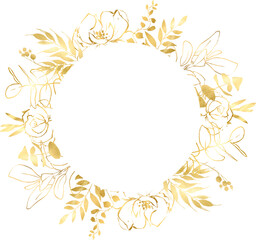 Linear vector gold monograms and floral border, Design for invitations. Gold frame. Botanical line art silhouette golden leaves. Vector Gold floral. Place for your text. Floral frame set