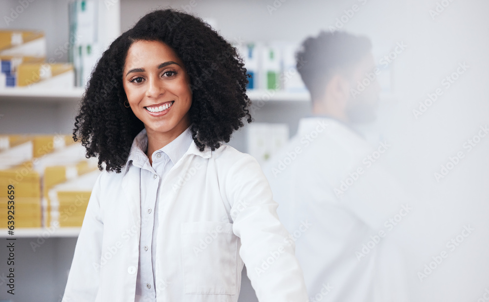 Canvas Prints Pharmacy, healthcare and portrait of black woman for wellness, medicine and medical service. Dispensary, pharmaceutical and happy pharmacist in drug store for medication, consulting and medicare