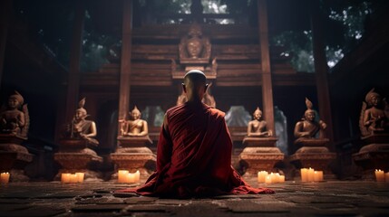 A monk meditating in a traditional temple made with Ai generative technology, Person is fictional