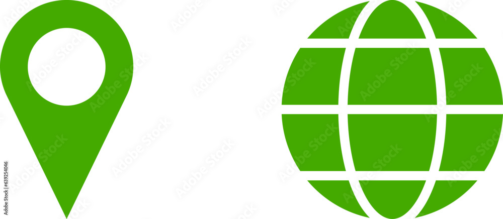 Poster set of green world globe earth web map and location pointer pin or you are here marker sign icon set