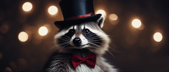 A raccoon in a cap and festive bow tie. Generative AI. - obrazy, fototapety, plakaty
