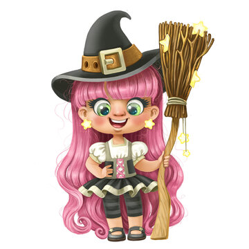 Cute cartoon long haired girl in Halloween witch dress with broom