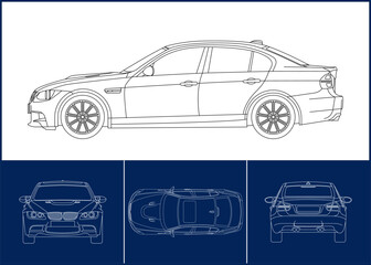 Sport Car template. Transportation outline stroke template. Blueprint layout. Wrap sticker, air brush, vynils, recolor project. Vector eps 10