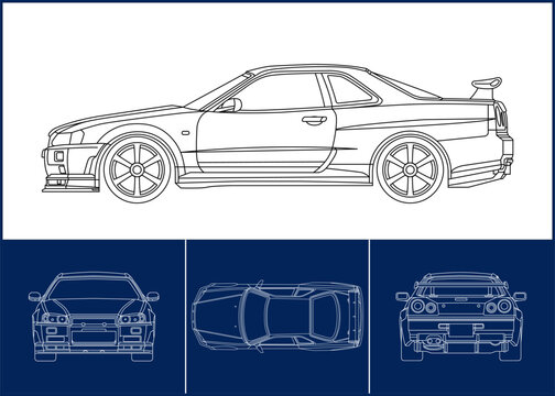 Sport Car template. Transportation outline stroke template. Blueprint layout. Wrap sticker, air brush, vynils, recolor project. Vector eps 10