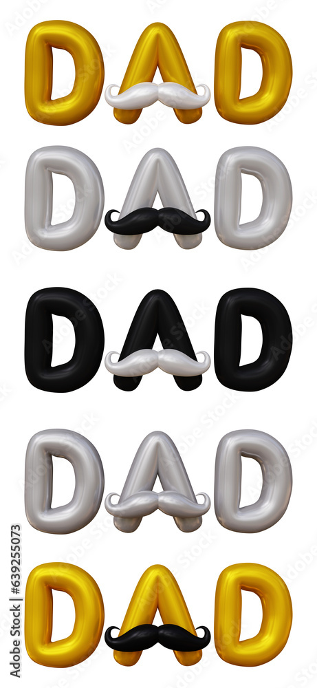 Poster set of dad text isolated on transparent background in 3d rendering for fathers day concept.