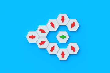 Recruiting concept. Influence of propaganda. Social bullying. The imposition of public opinion. Monopoly in business. The fight for the electorate. Hexagons with red and green arrows. 3d render