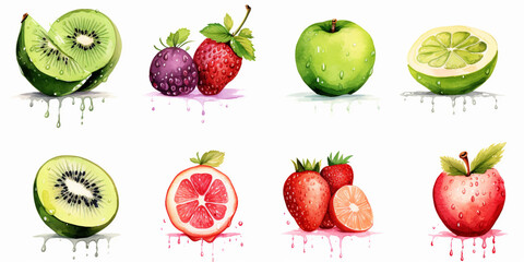 Set of fruit watercolor on white background.
