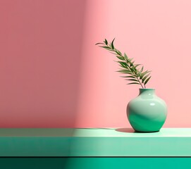 Green minimal scene vase with flowers, on a pink background. Place for text
