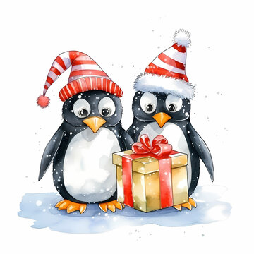 Funny Christmas penguins with gifts and Christmas hats. Watercolor illustration.