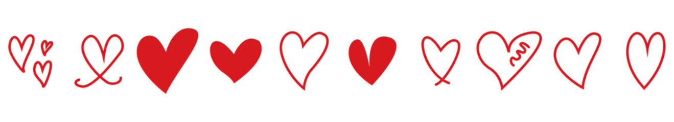Red heart doodle icon set in hand drawn style isolated on transparent background.