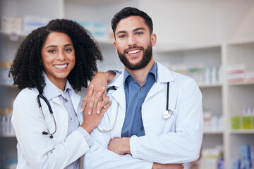 Pharmacy, teamwork and portrait of pharmacists for medical service, medicine and wellness....